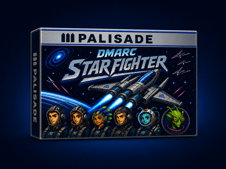 A clean Palisade DMARC Star Fighter game box with six pixel-art crew portraits and a three-engine starfighter