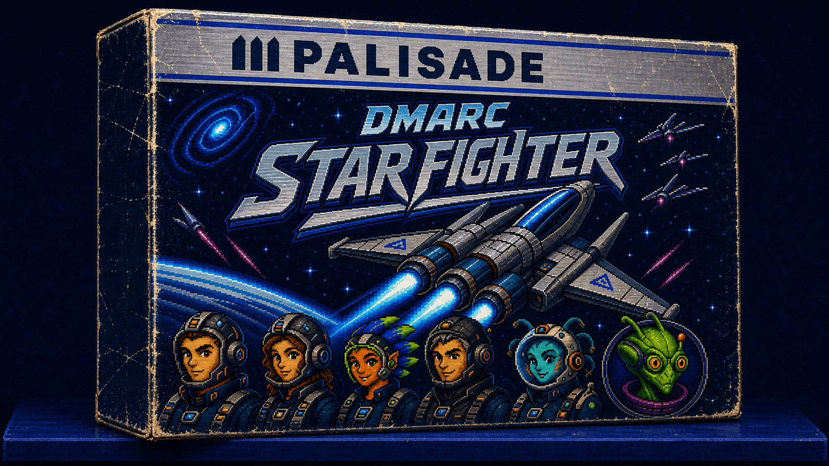 A worn Palisade DMARC Star Fighter game box with six pixel-art crew portraits and a three-engine starfighter