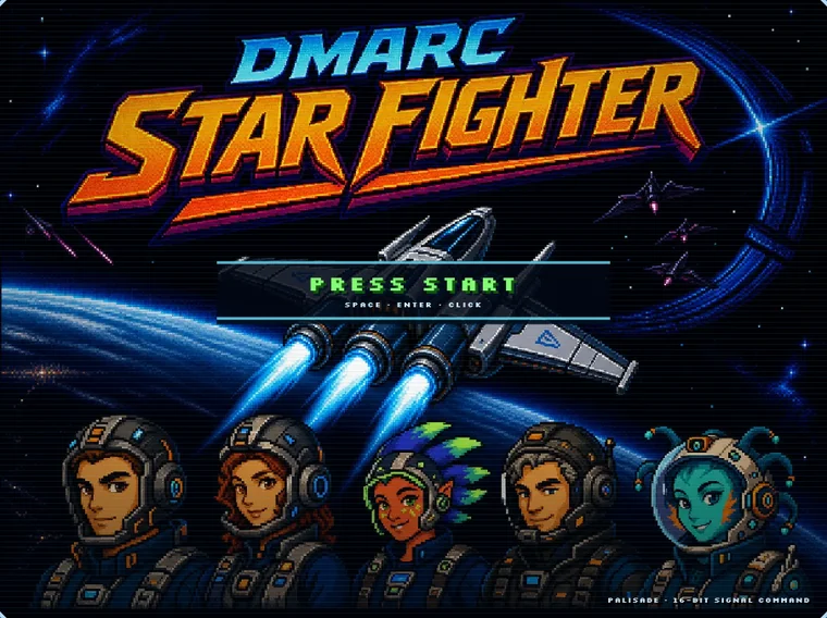 DMARC Star Fighter attract screen: five pixel-art pilots beneath a starfighter, under the game's logo, with a Press Start prompt